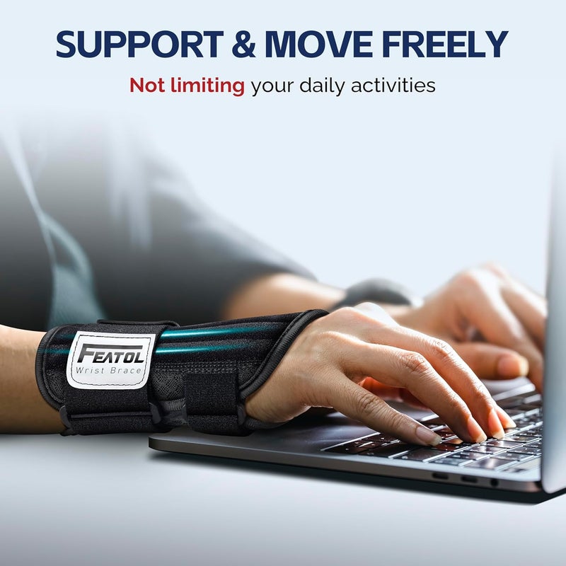 FEATOL 2 Pack Carpal Tunnel Wrist Brace For Work With Wrist Splint, 6.5'' Hand Brace Night Support For Women Men, Pain Relief For Tendonitis, Arthritis, Pregnancy, Typing, Right and Left Hand, Small - Image 2